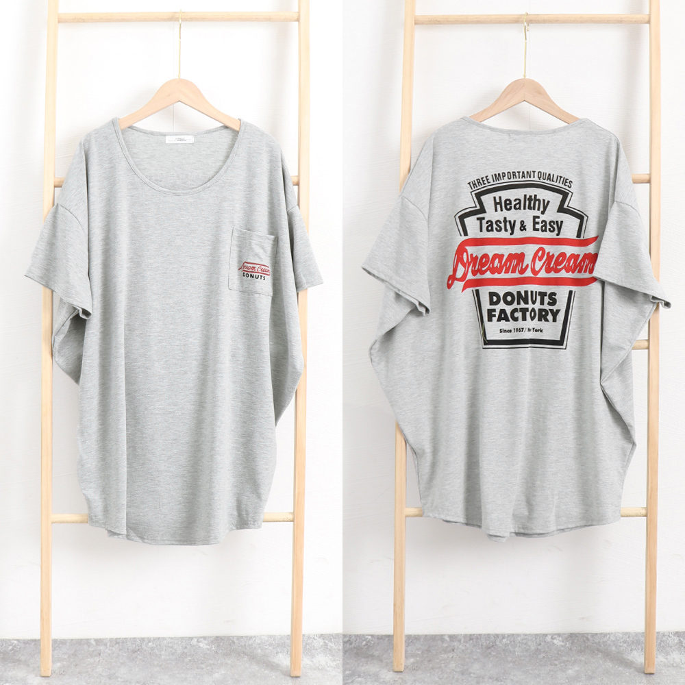 シャツワンピース 体型カバー半袖チュニック丸首ロゴ入り