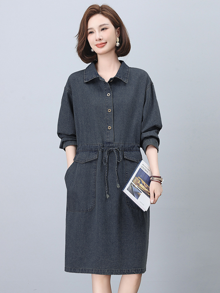 シャツワンピース ウエストリボン付きデニムシャツワンピース