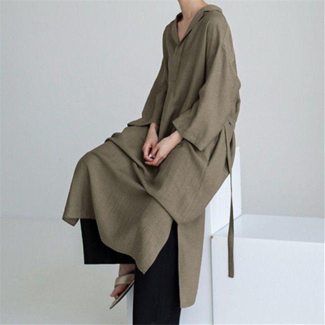 リネン長袖シャツワンピース ロング丈