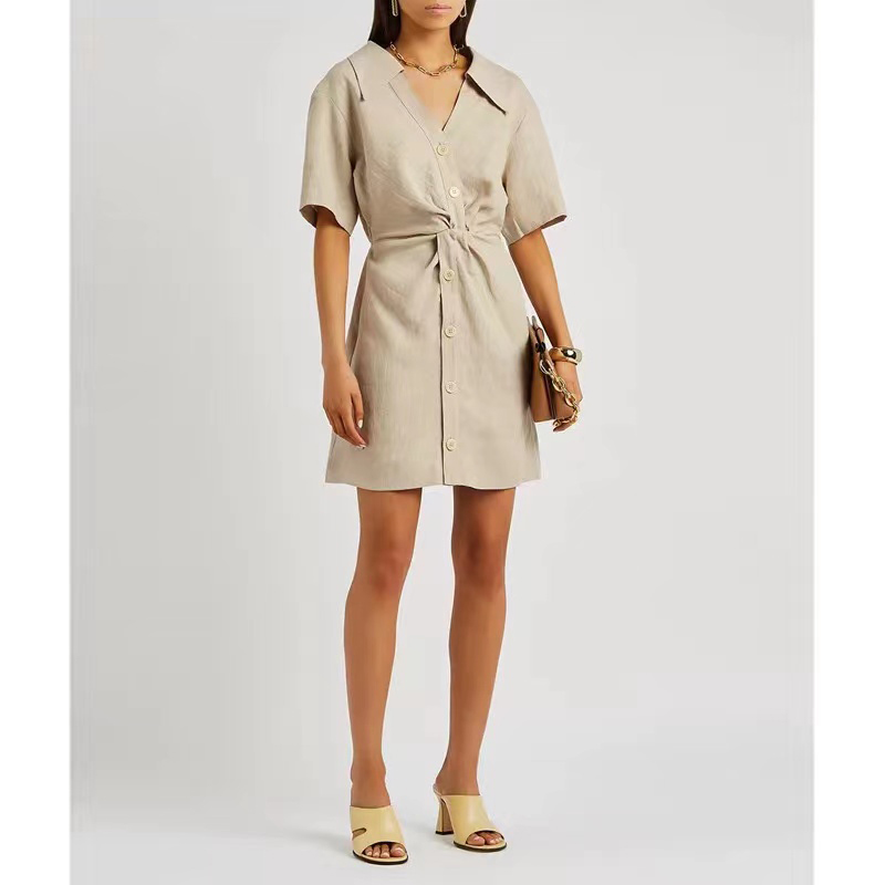 シャツワンピース ウエストツイスト半袖シャツワンピース