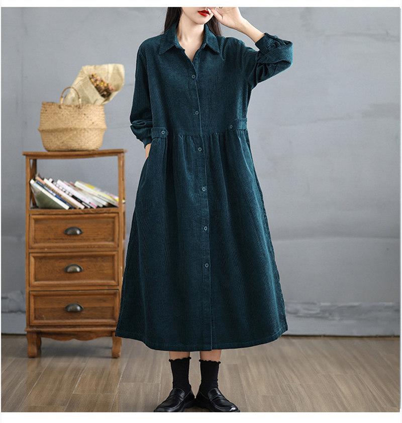 コーデュロイシャツワンピース長袖ロング丈秋冬