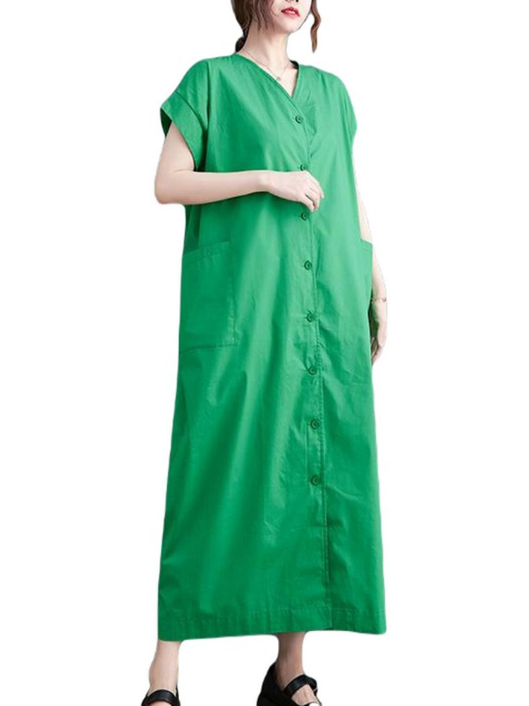 コットン シャツワンピース レディース ロング丈 半袖