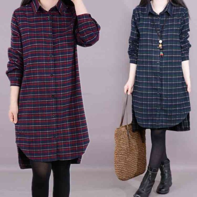コットン チェック柄シャツワンピース 秋服 長袖