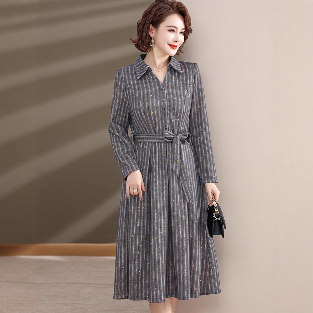 シャツワンピース 縦縞柄ウエストリボンベルト付きシャツワンピース
