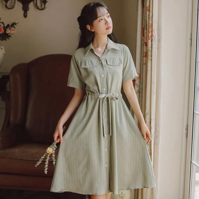 コットン素材襟付きシャツワンピース半袖
