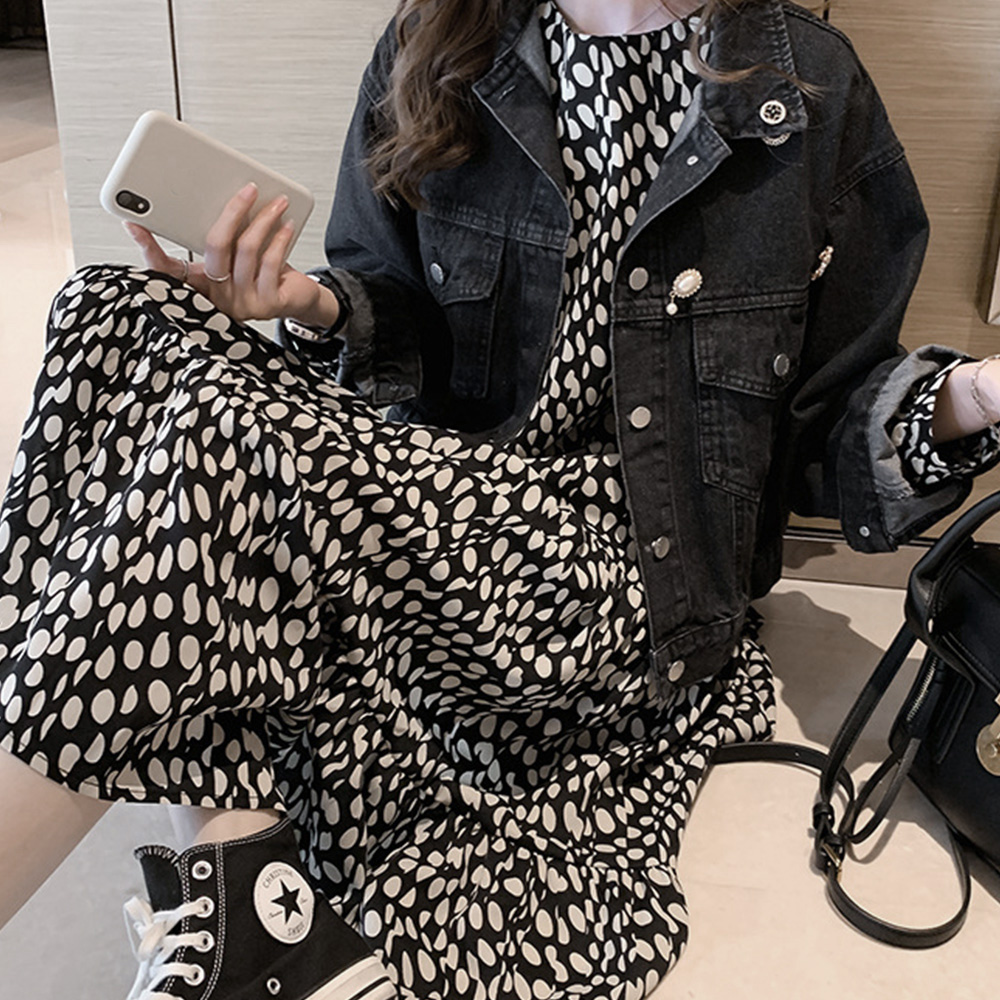 シャツワンピース ドット柄シフォン長袖ワンピース レディースロング丈