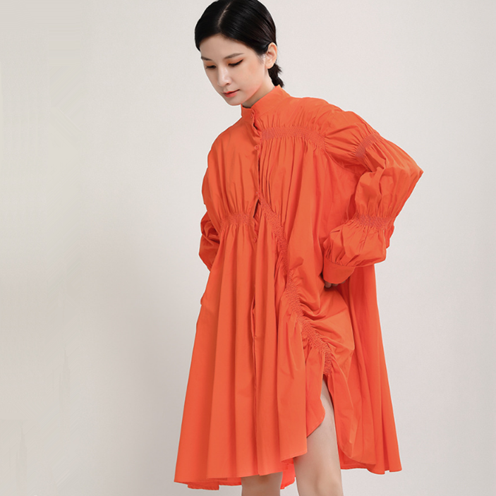 シャツワンピース 立体ギャザー袖のふんわりシャツワンピース