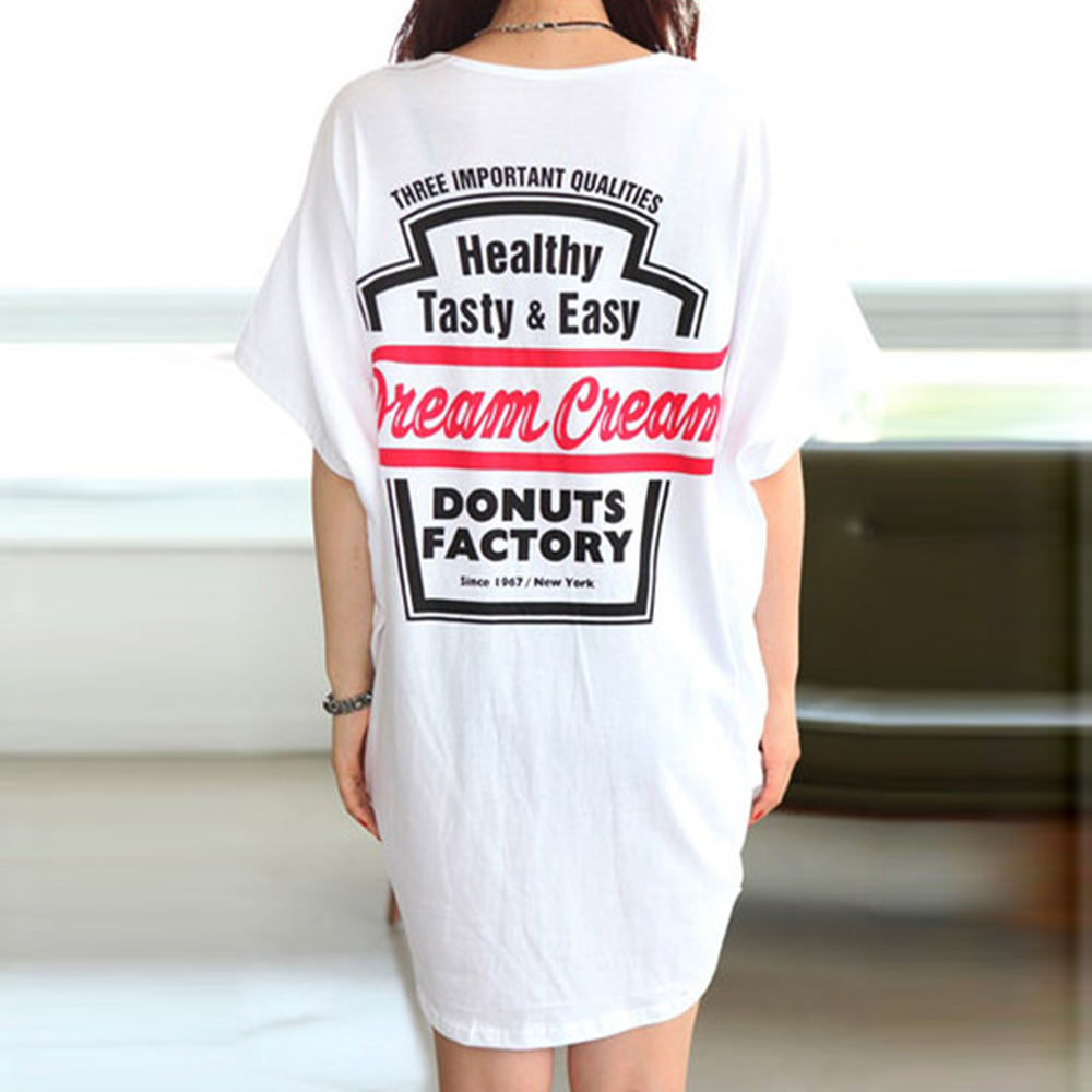 シャツワンピース 体型カバー半袖チュニック丸首ロゴ入り