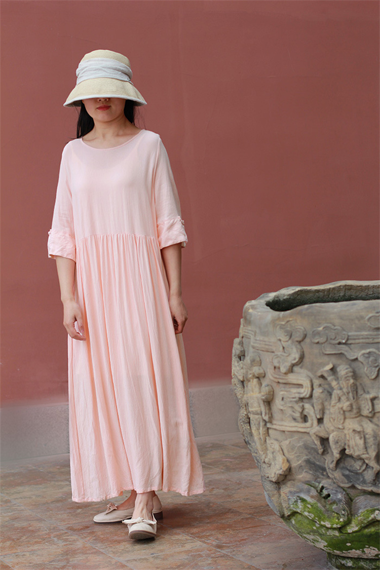 綿混素材ゆったり七分袖シャツワンピース