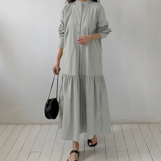 リネン長袖シャツワンピース春新作ロング丈