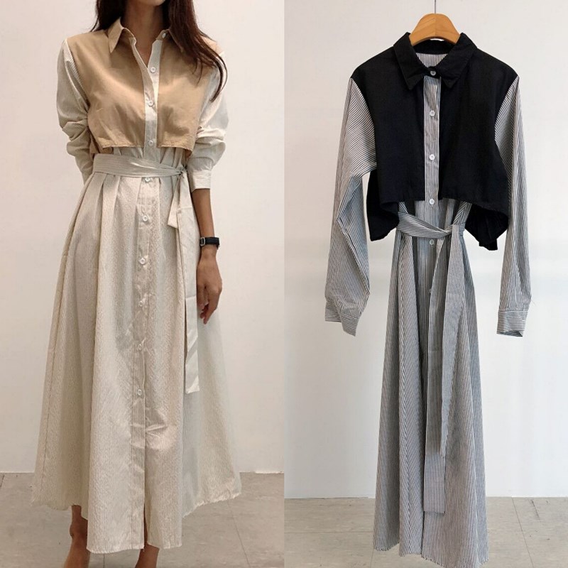 シャツワンピース 異素材切替ベスト付き縦縞柄シャツワンピース