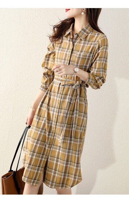 コーデュロイ チェック柄 シャツワンピース 長袖 ひざ丈