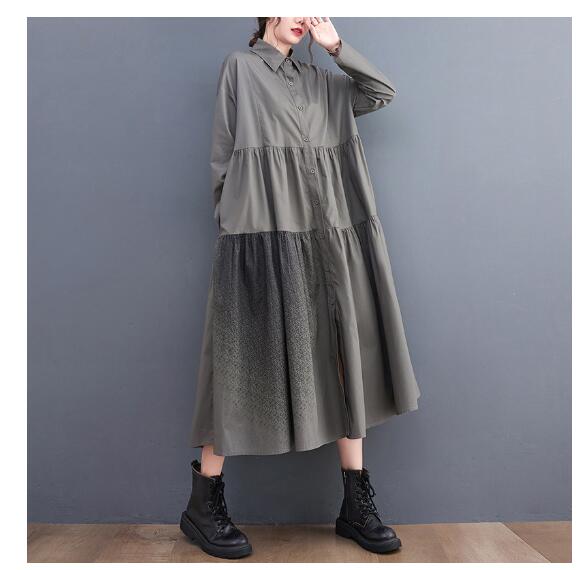 コットン素材ティアードシャツワンピース長袖マキシ丈春夏