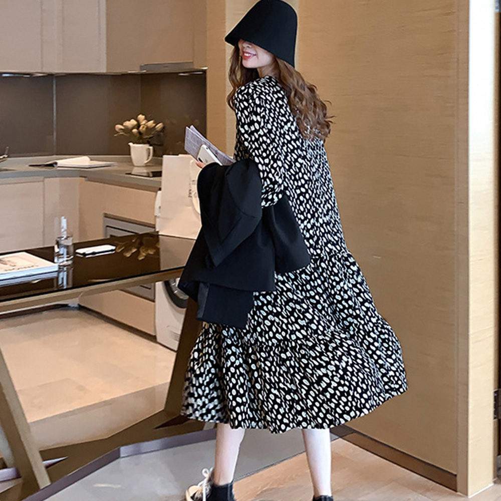 シャツワンピース ドット柄シフォン長袖ワンピース レディースロング丈