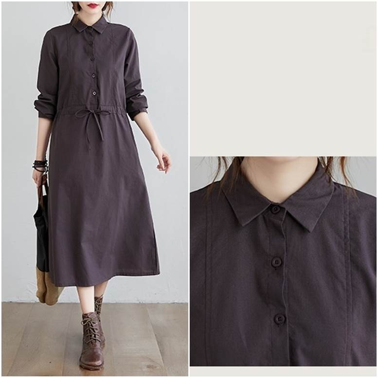 リネン風シャツワンピース長袖襟付きロング丈