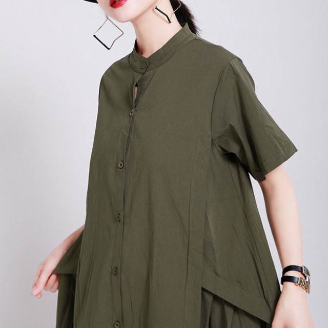コットンシャツワンピース半袖ロング丈夏用