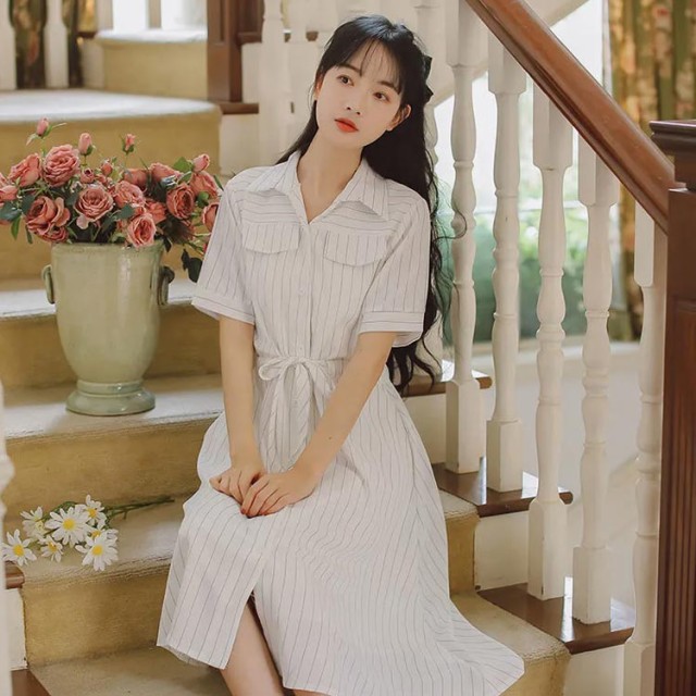 コットン素材襟付きシャツワンピース半袖