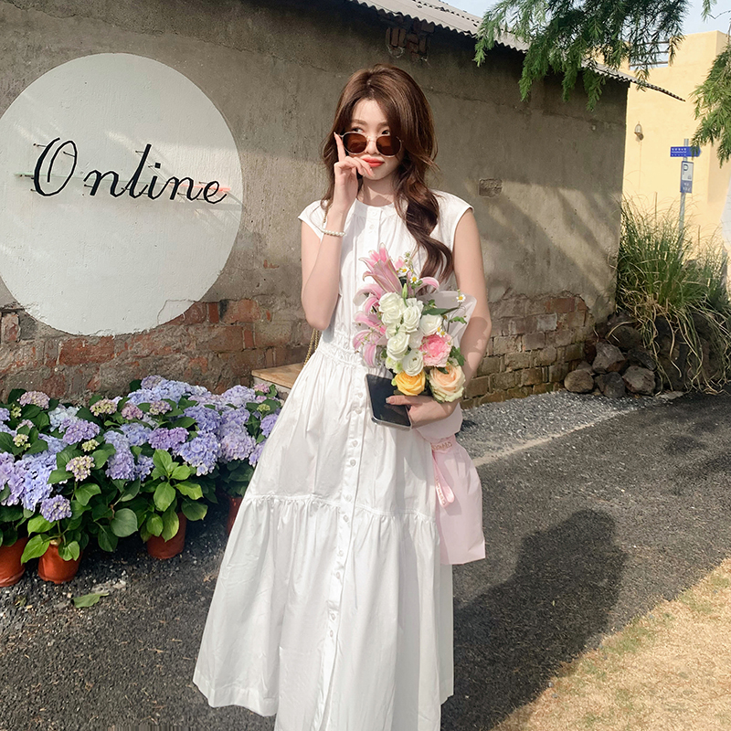 シャツワンピース ティアード袖なしシャツワンピース