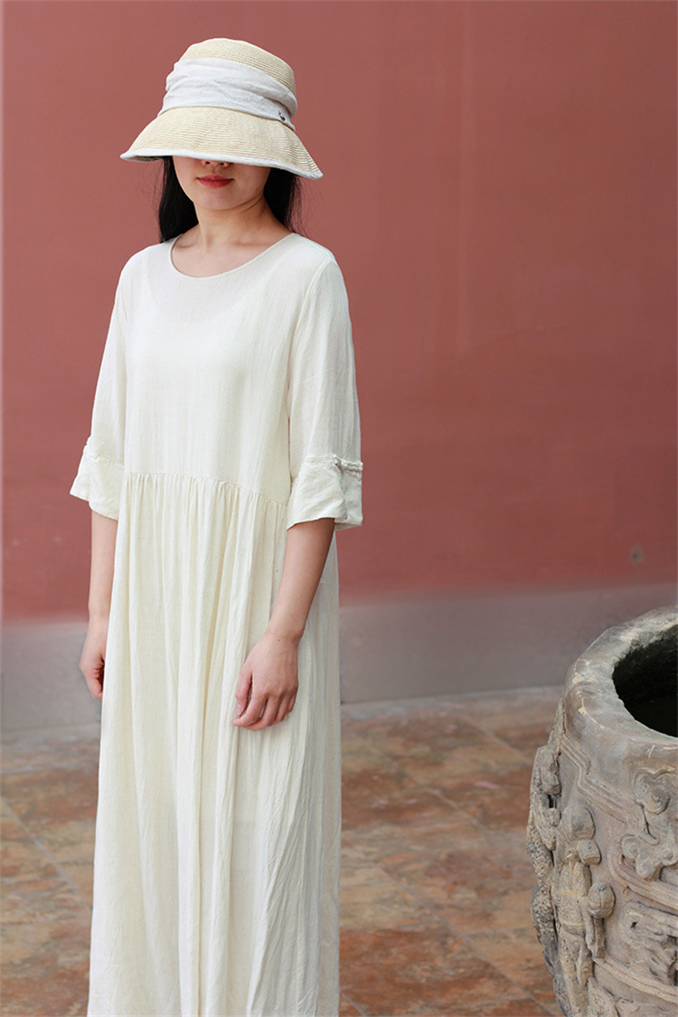 綿混素材ゆったり七分袖シャツワンピース