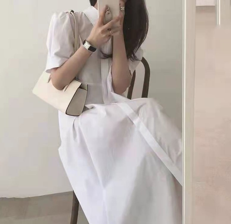 シャツワンピース韓国風ロング丈半袖ワンピース