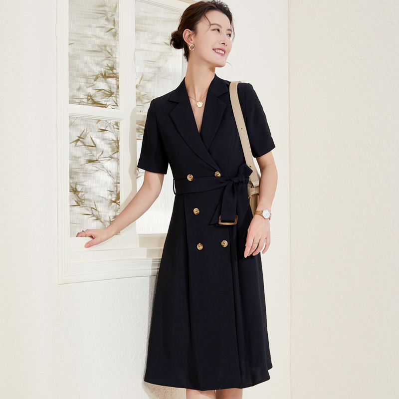 シャツワンピース テーラード襟ダブルボタン半袖ワンピース