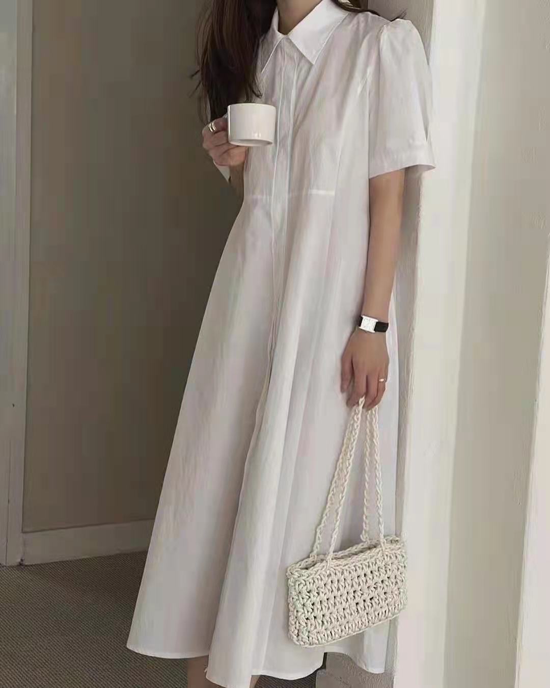 シャツワンピース韓国風ロング丈半袖ワンピース