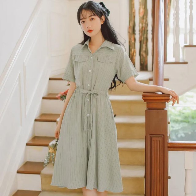 コットン素材襟付きシャツワンピース半袖