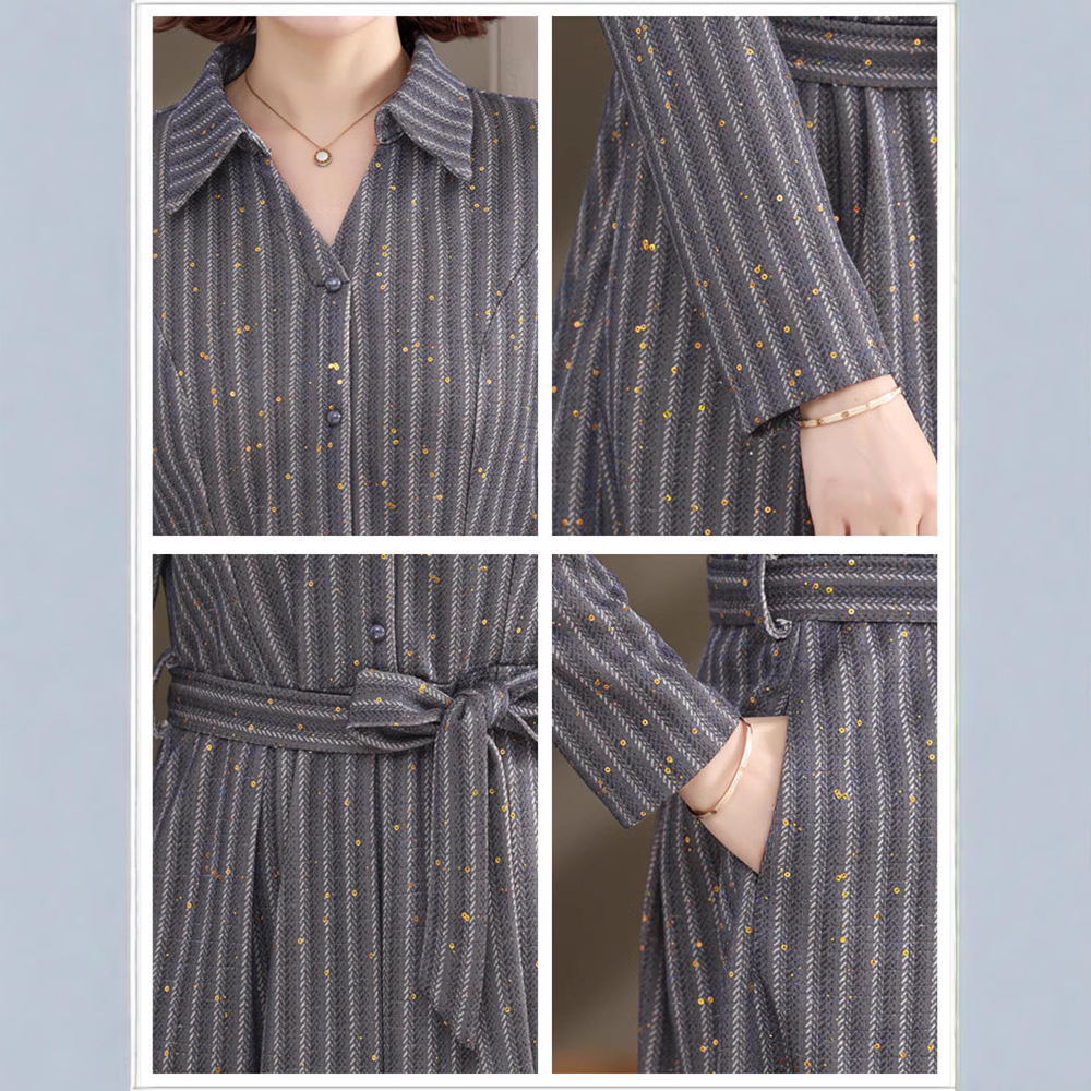 シャツワンピース 縦縞柄ウエストリボンベルト付きシャツワンピース
