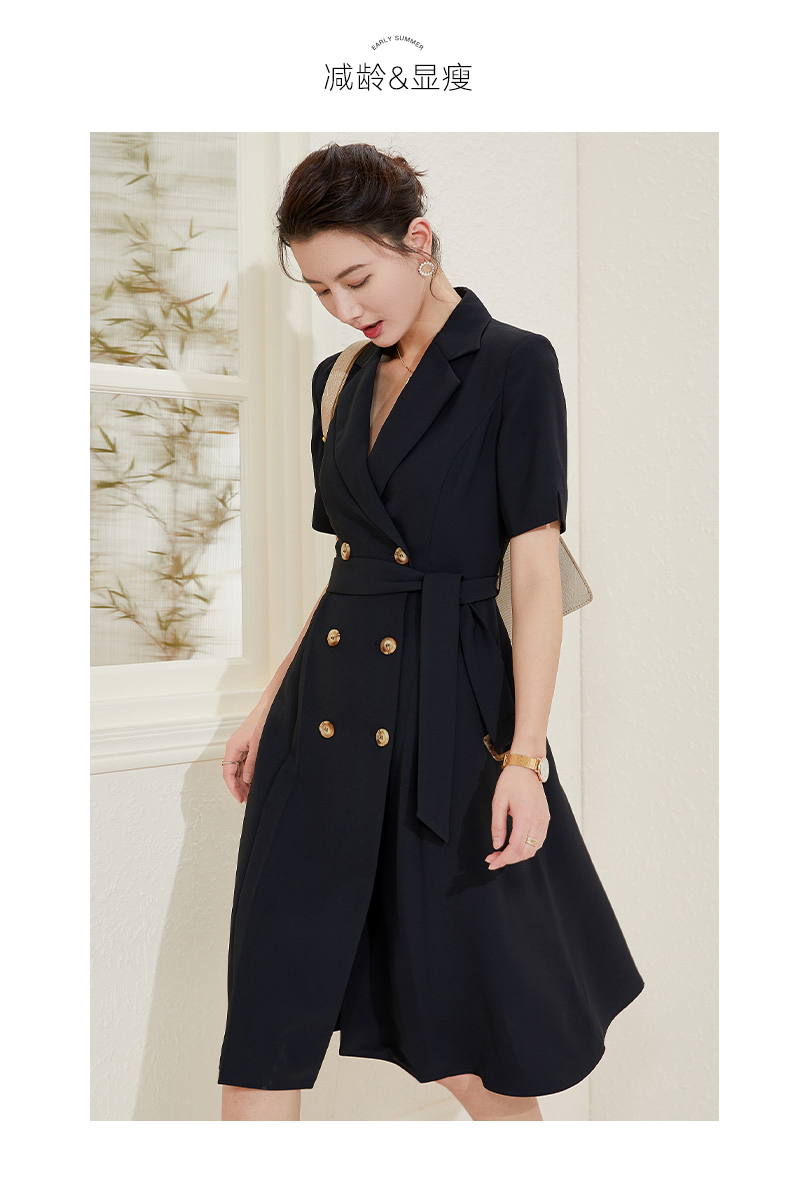 シャツワンピース テーラード襟ダブルボタン半袖ワンピース