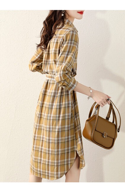 コーデュロイ チェック柄 シャツワンピース 長袖 ひざ丈