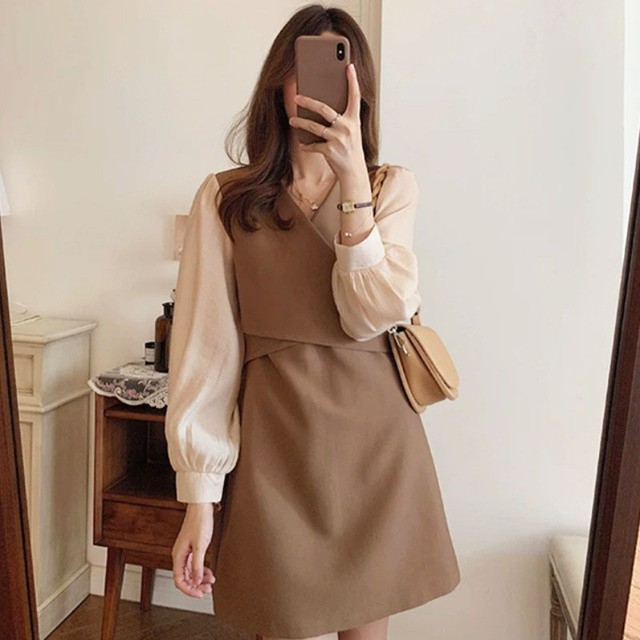 リネン風シャツワンピース 重ね着風長袖