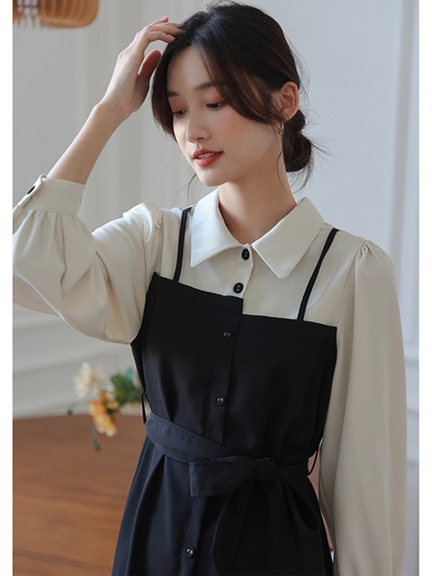 シャツワンピース長袖膝丈重ね着風