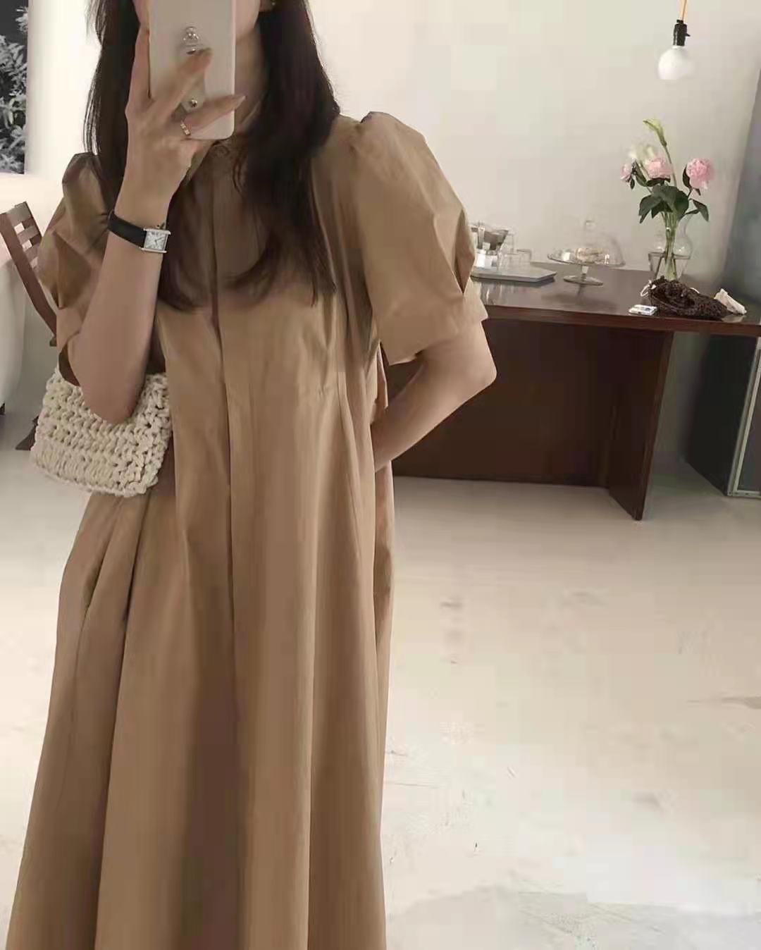 シャツワンピース韓国風ロング丈半袖ワンピース