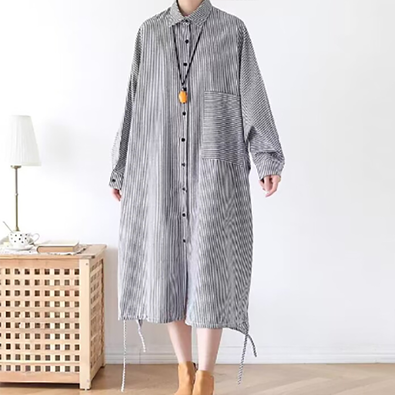 シャツワンピース細見えストライプワンピース