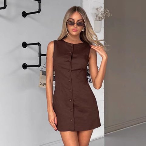 シャツワンピース ノースリーブフロントボタンミニ丈ワンピース