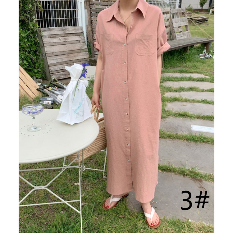 シャツワンピース ロング丈 半袖ワンピース