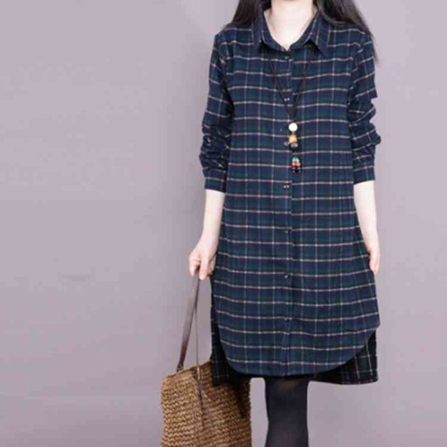 コットン チェック柄シャツワンピース 秋服 長袖