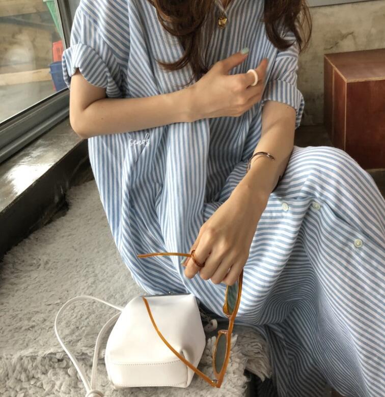 シャツワンピースエレガントストライプロングワンピース