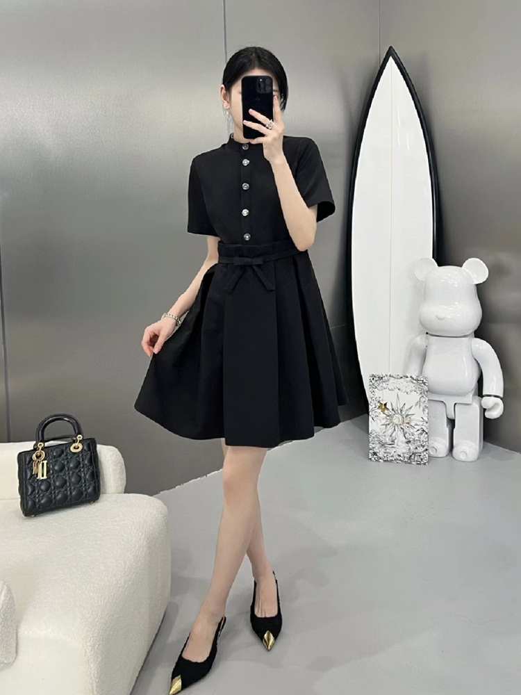 シャツワンピース バンドカラー半袖フレアシャツワンピース