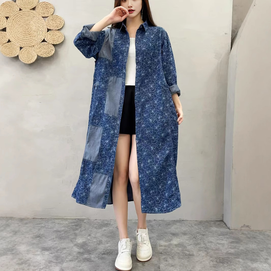 シャツワンピース デニム風切替デザインロング丈シャツワンピース