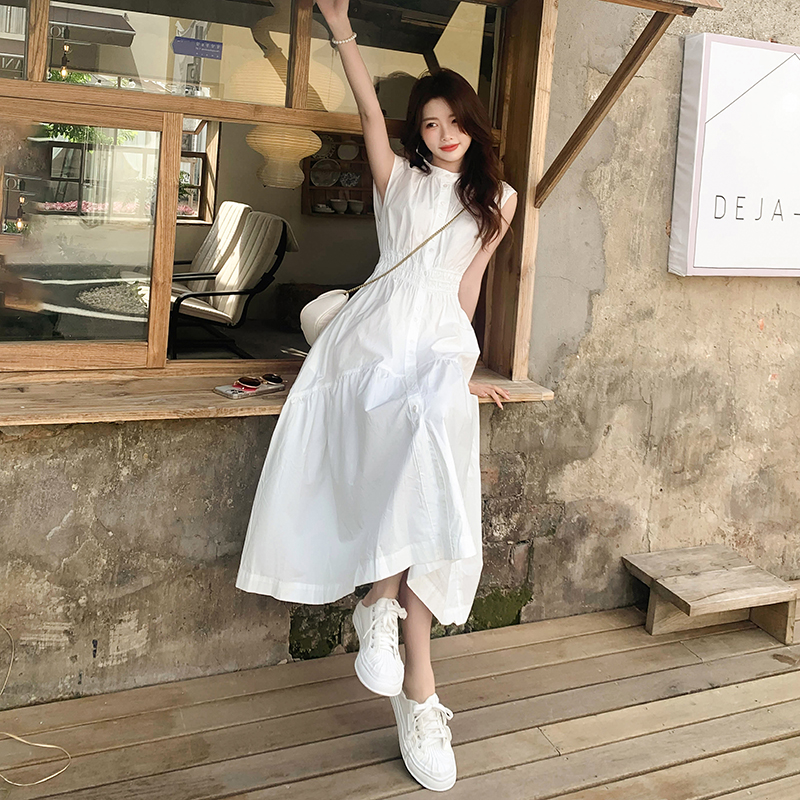 シャツワンピース ティアード袖なしシャツワンピース