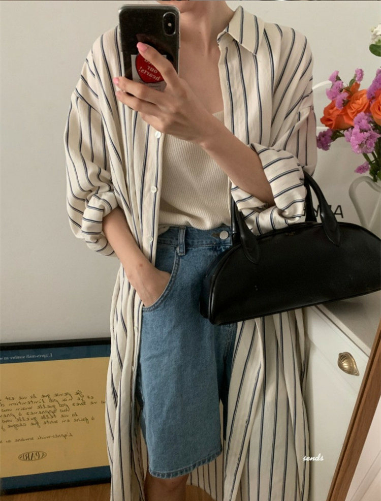 シャツワンピース縦縞柄長袖ワンピース