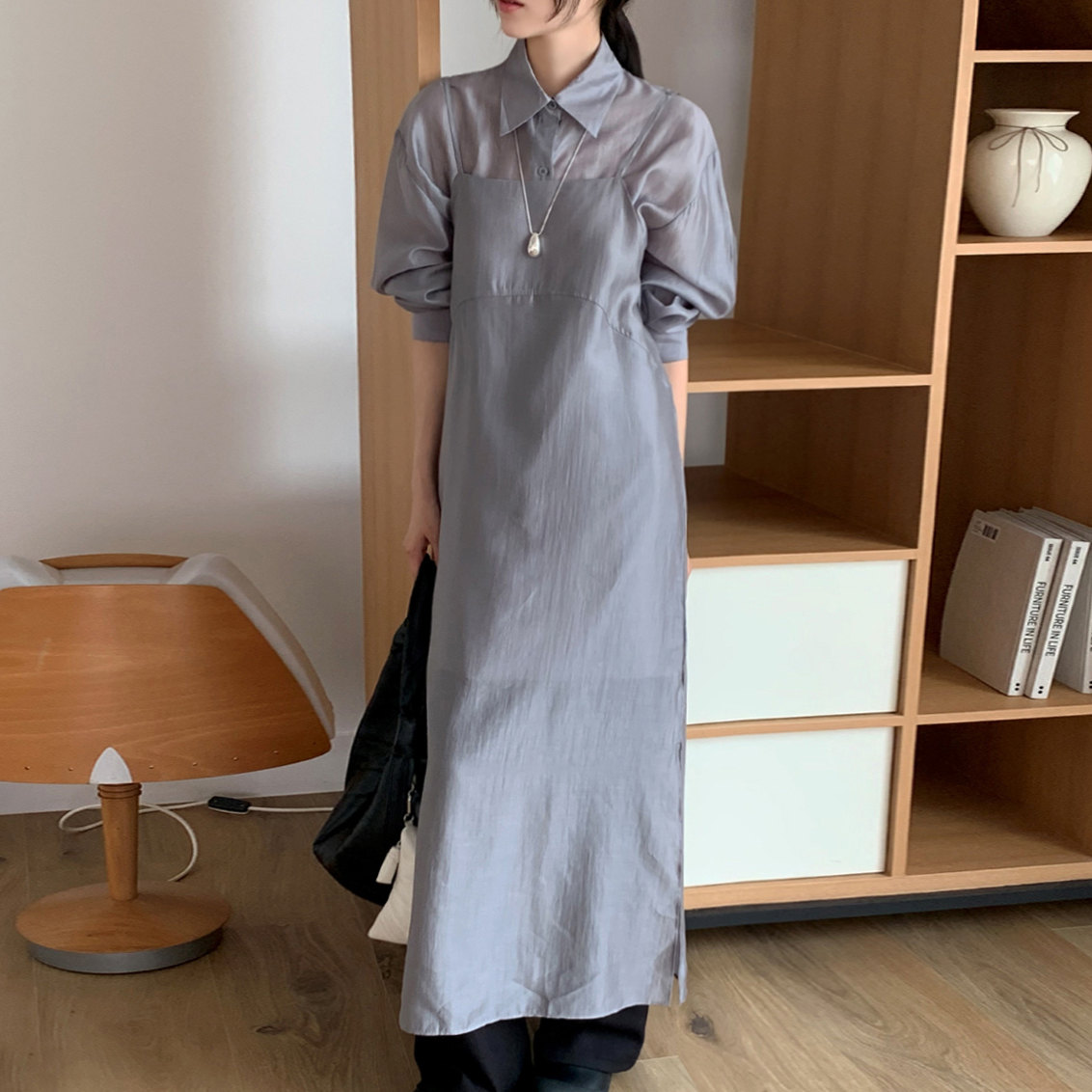 シャツワンピース韓国風おしゃれ重ね着風デザイン