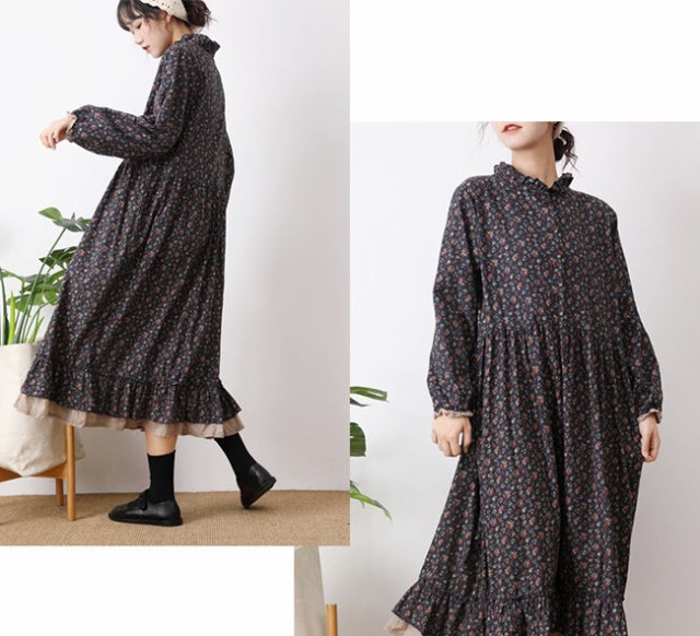 花柄長袖シャツワンピース その他ロング丈