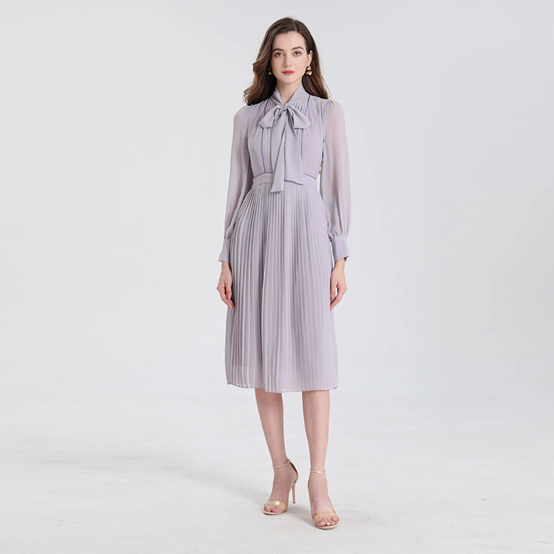 シャツワンピース 襟元リボン付きプリーツ切替シャツワンピース