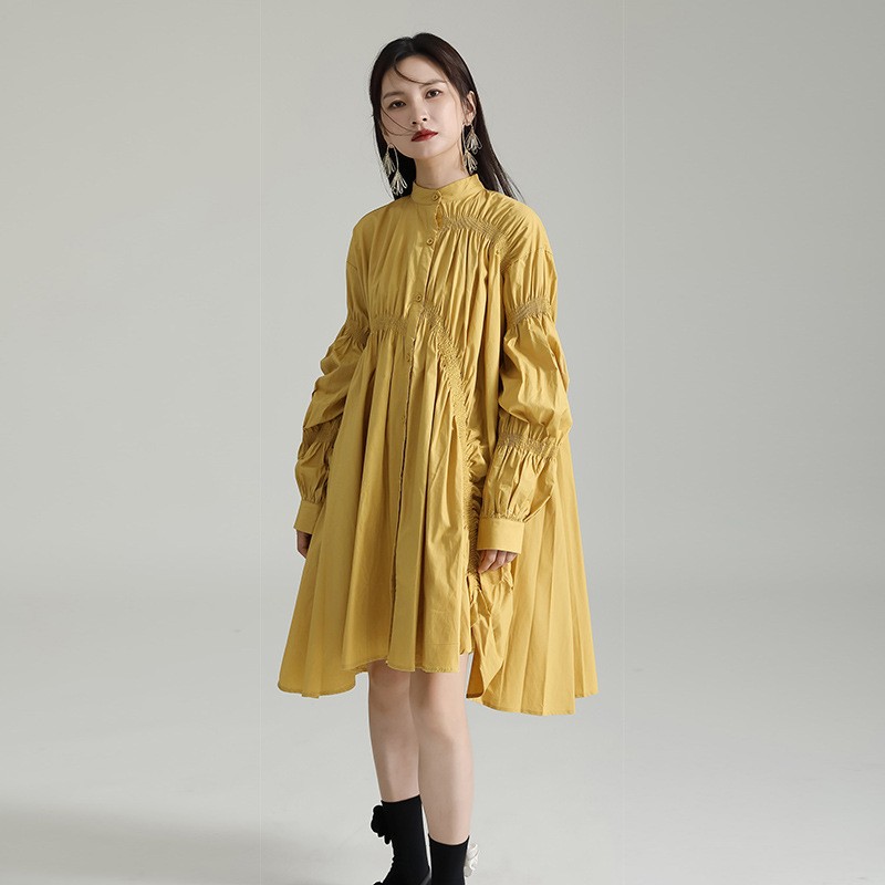 シャツワンピース 立体ギャザー袖のふんわりシャツワンピース