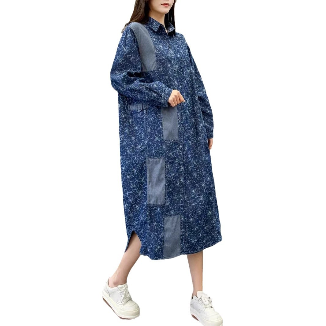 シャツワンピース デニム風切替デザインロング丈シャツワンピース