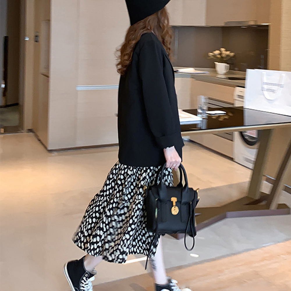 シャツワンピース ドット柄シフォン長袖ワンピース レディースロング丈