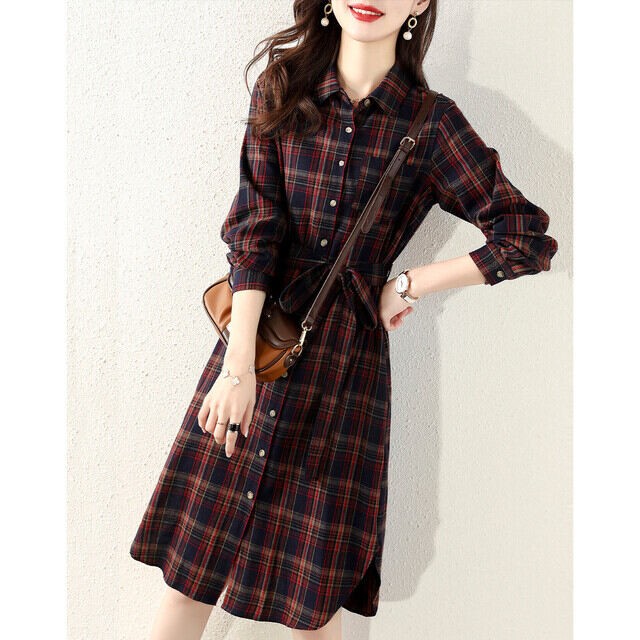 コーデュロイ チェック柄 シャツワンピース 長袖 ひざ丈