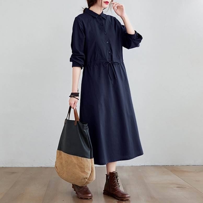 リネン風シャツワンピース長袖襟付きロング丈